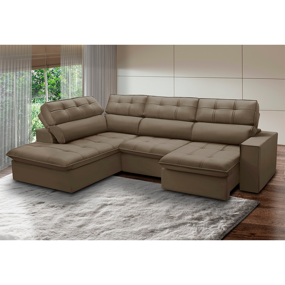 Sofá 5 Lugares Retrátil e Reclinável Arezzo com Chaise Esquerdo Veludo Castor