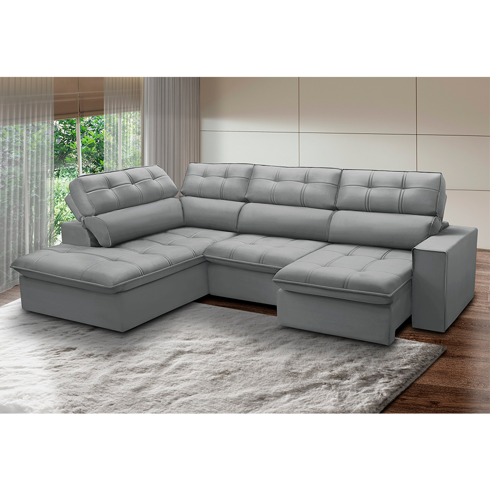 Sofá 5 Lugares Retrátil e Reclinável Arezzo com Chaise Esquerdo Veludo Prata