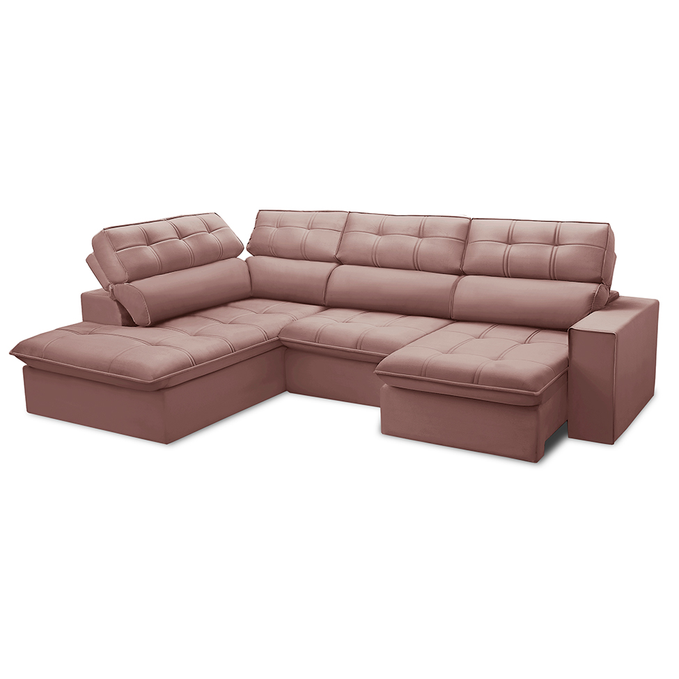 Sofá 5 Lugares Retrátil e Reclinável Arezzo com Chaise Esquerdo Veludo Rosê