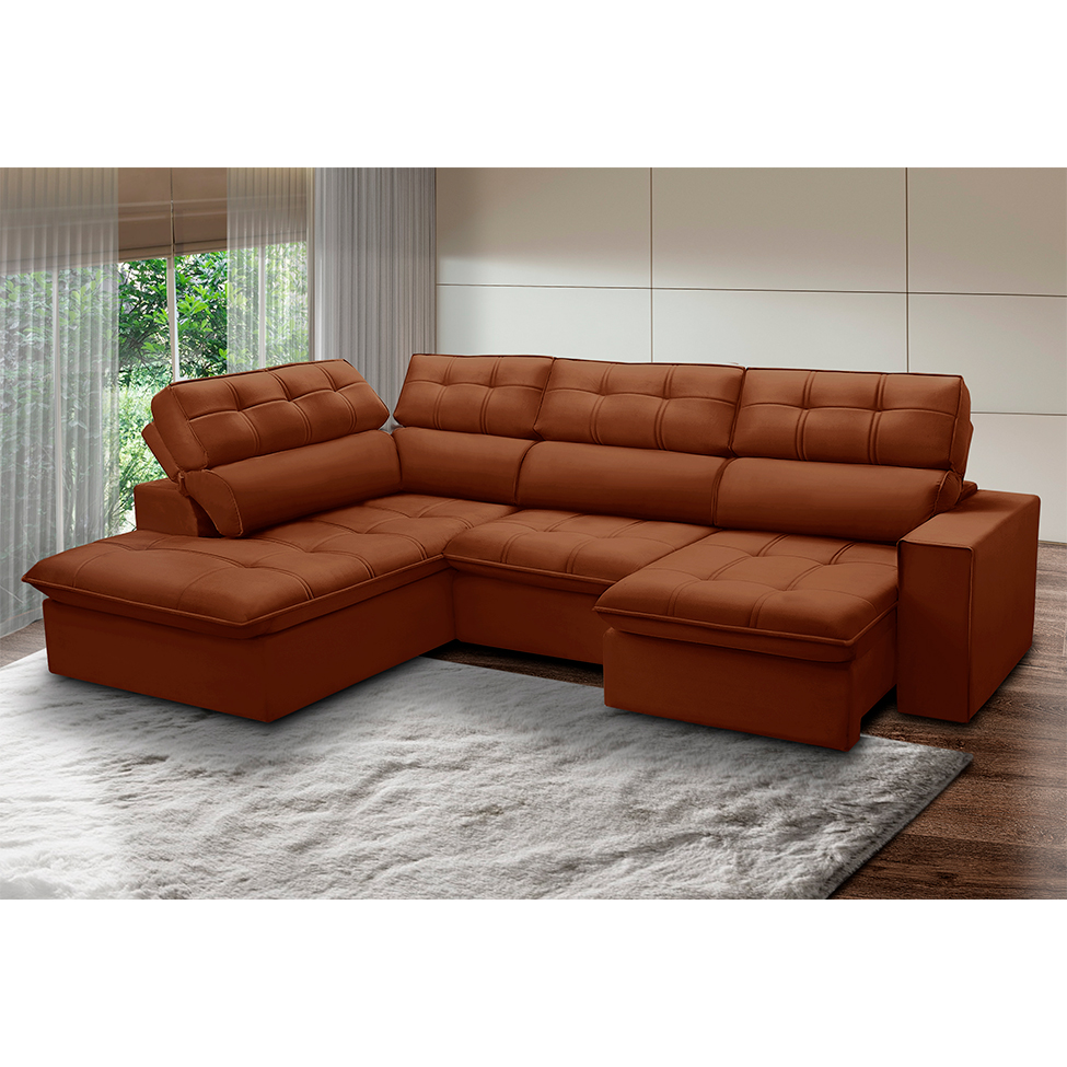 Sofá 5 Lugares Retrátil e Reclinável Arezzo com Chaise Esquerdo Veludo Terracota