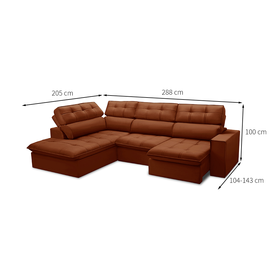 Sofá 5 Lugares Retrátil e Reclinável Arezzo com Chaise Esquerdo Veludo Terracota