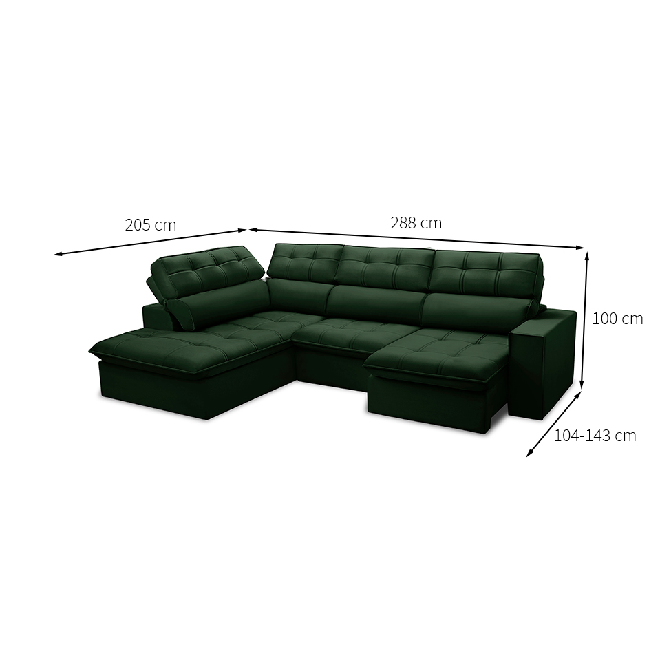 Sofá 5 Lugares Retrátil e Reclinável Arezzo com Chaise Esquerdo Veludo Verde