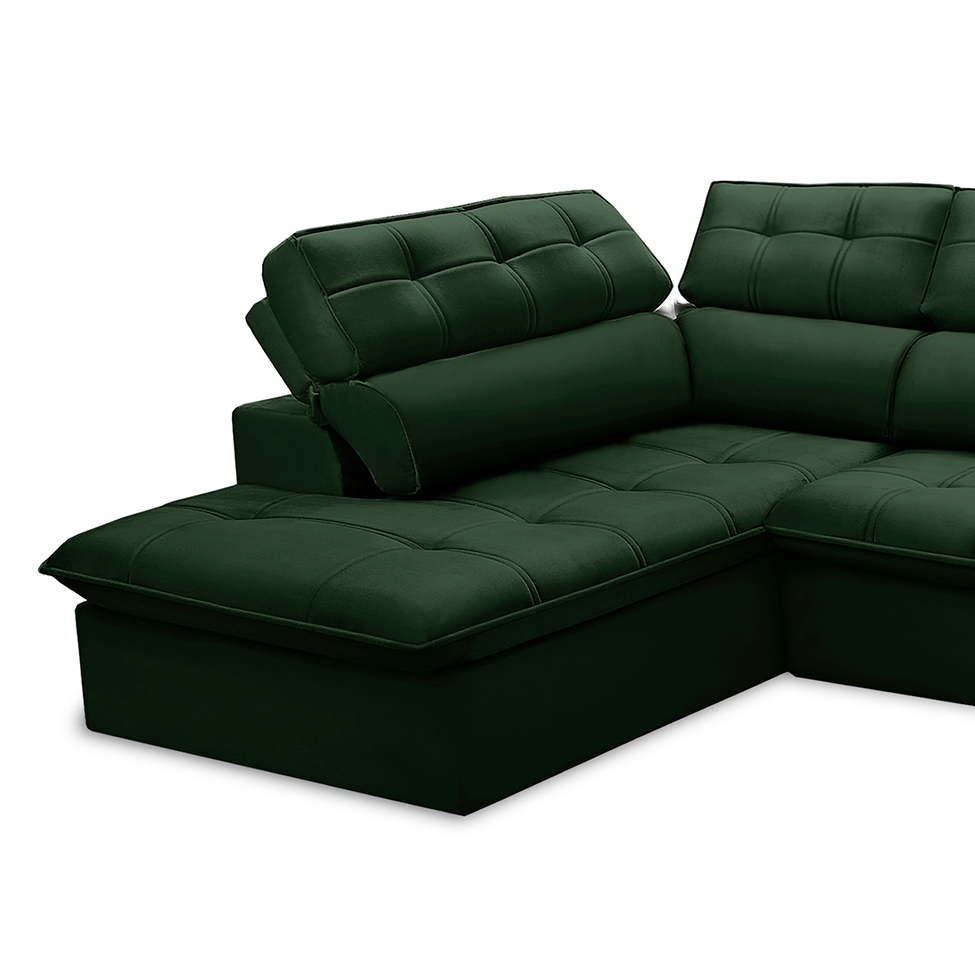 Sofá 5 Lugares Retrátil e Reclinável Arezzo com Chaise Esquerdo Veludo Verde