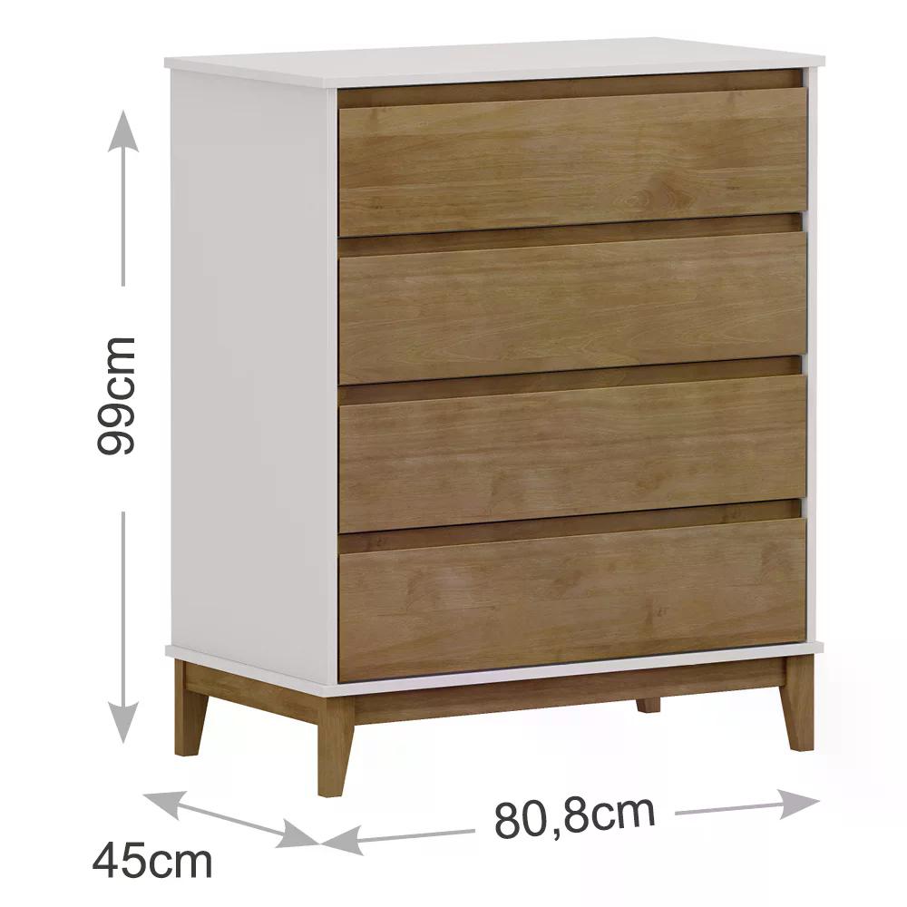 Comoda 4 Gavetas Corrediças Telescopicas MDF/Madeira Maciça 2801 Prata Off White Freijo FNT