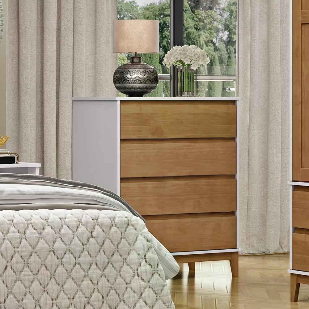 Comoda 4 Gavetas Corrediças Telescopicas MDF/Madeira Maciça 2801 Prata Off White Freijo FNT