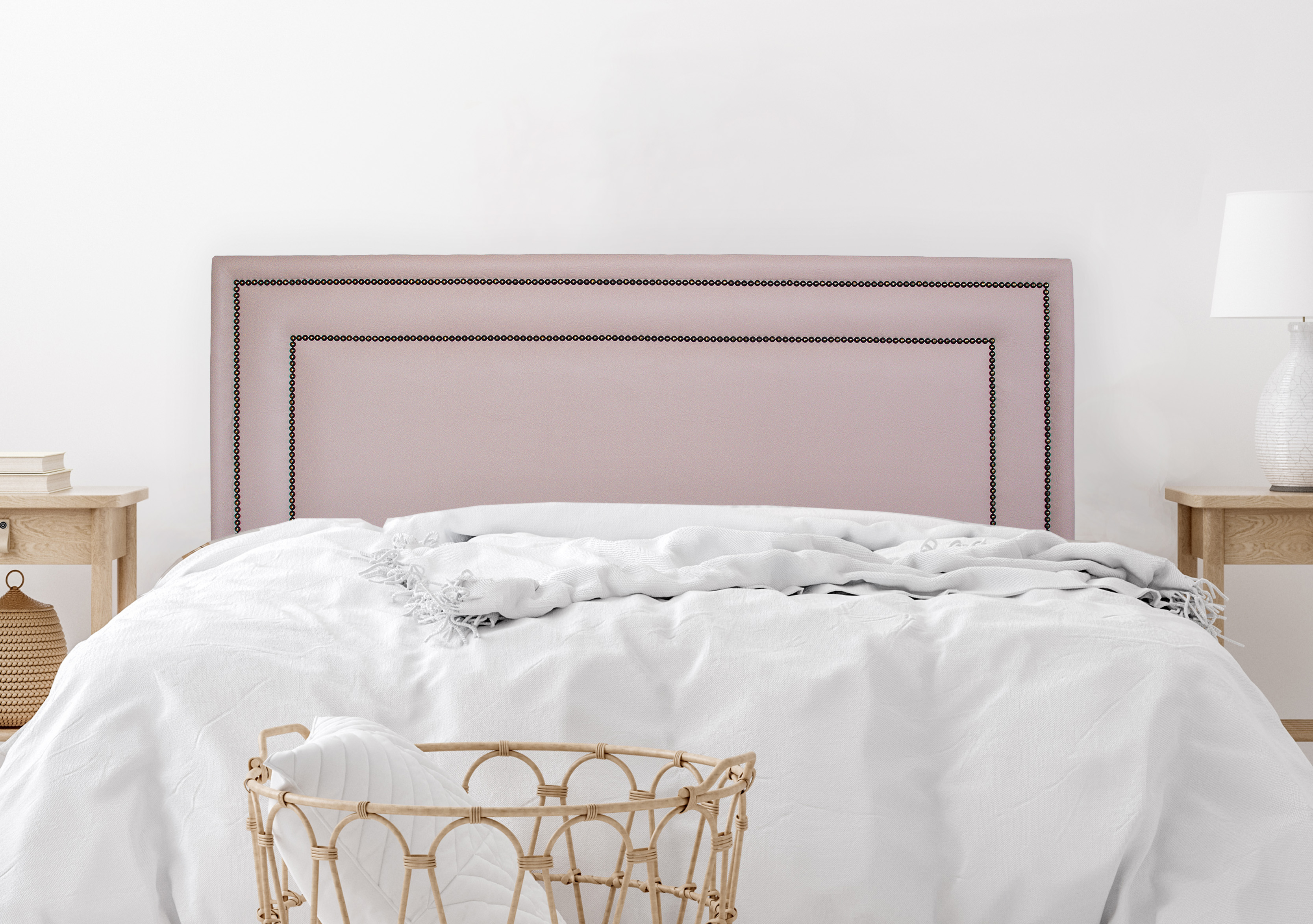 Cabeceira Casal Estofada Para Cama Box 140cm x 60cm Reta Luxo Dupla - Courino Rosa com Tachas Fumê