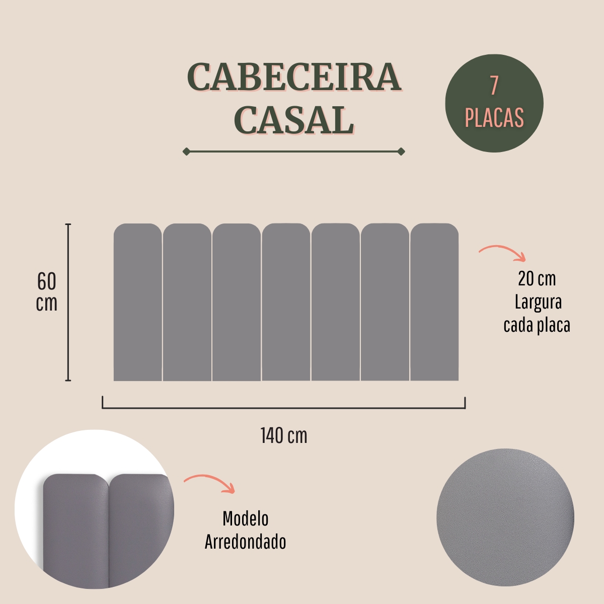 Cabeceira Casal Estofada Para Cama Box Kit 7 Placas Adesivas - Modelo Arredondada Courino Cinza