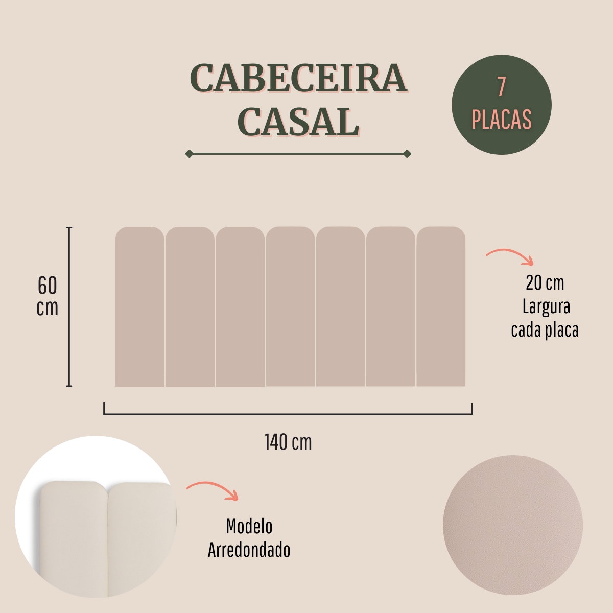 Cabeceira Casal Estofada Para Cama Box Kit 7 Placas Adesivas - Modelo Arredondada Courino Off White