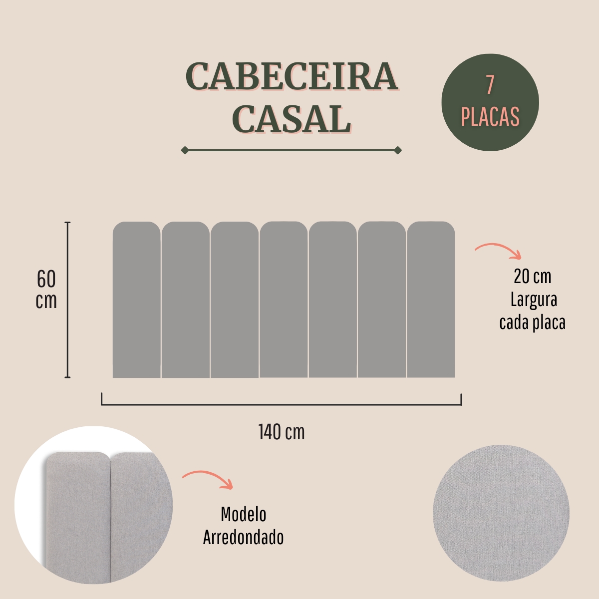 Cabeceira Casal Estofada Para Cama Box Kit 7 Placas Adesivas - Modelo Arredondada Linho Gelo