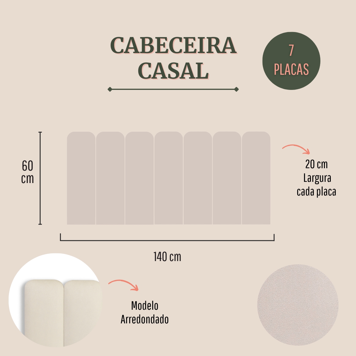 Cabeceira Casal Estofada Para Cama Box Kit 7 Placas Adesivas - Modelo Arredondada Suede Off White