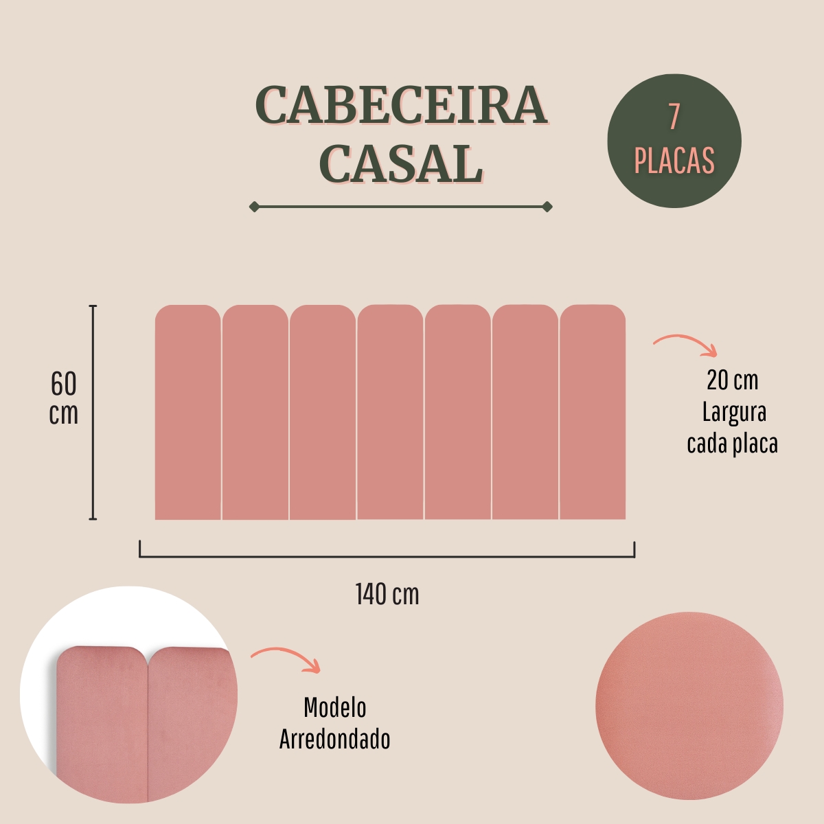 Cabeceira Casal Estofada Para Cama Box Kit 7 Placas Adesivas - Modelo Arredondada Veludo Rosê