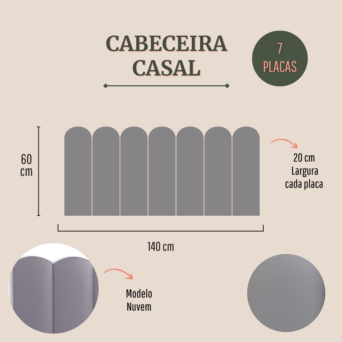 Cabeceira Casal Estofada Para Cama Box Kit 7 Placas Adesivas - Modelo Nuvem Courino Cinza