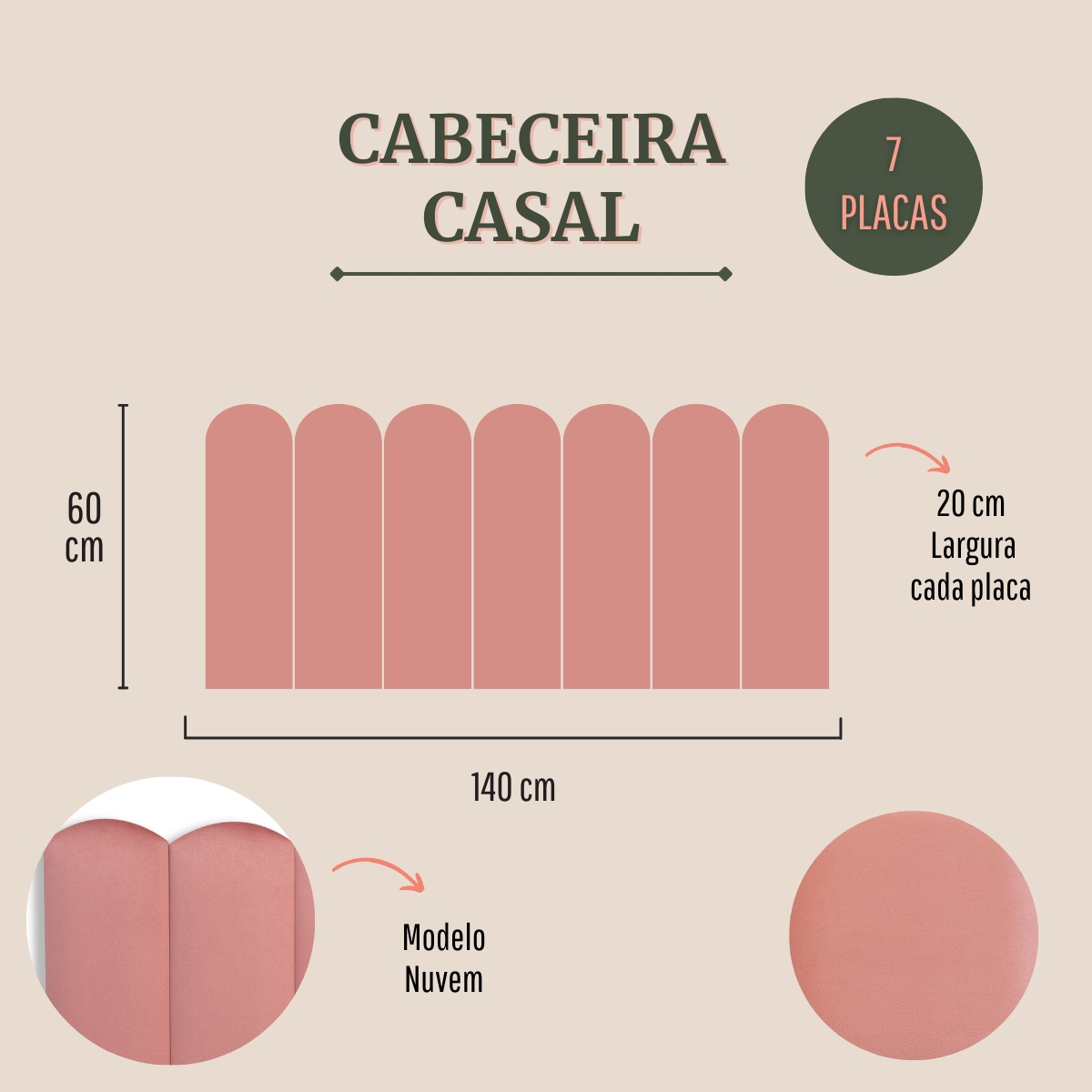 Cabeceira Casal Estofada Para Cama Box Kit 7 Placas Adesivas - Modelo Nuvem Veludo Rosê
