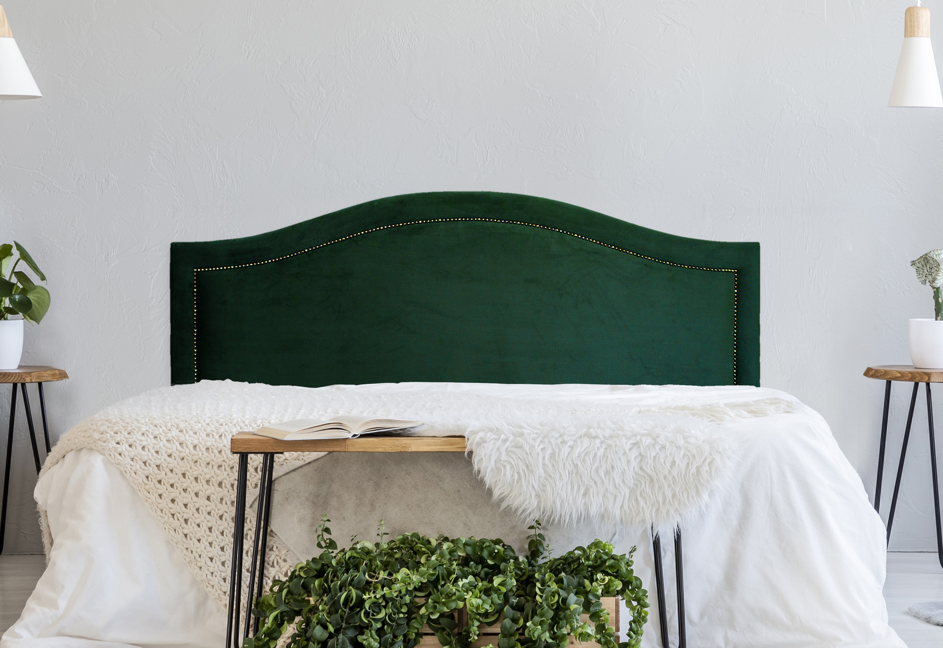 Cabeceira Casal Para Cama Box Curva 140x60 Veludo Verde - Tachas Fumê