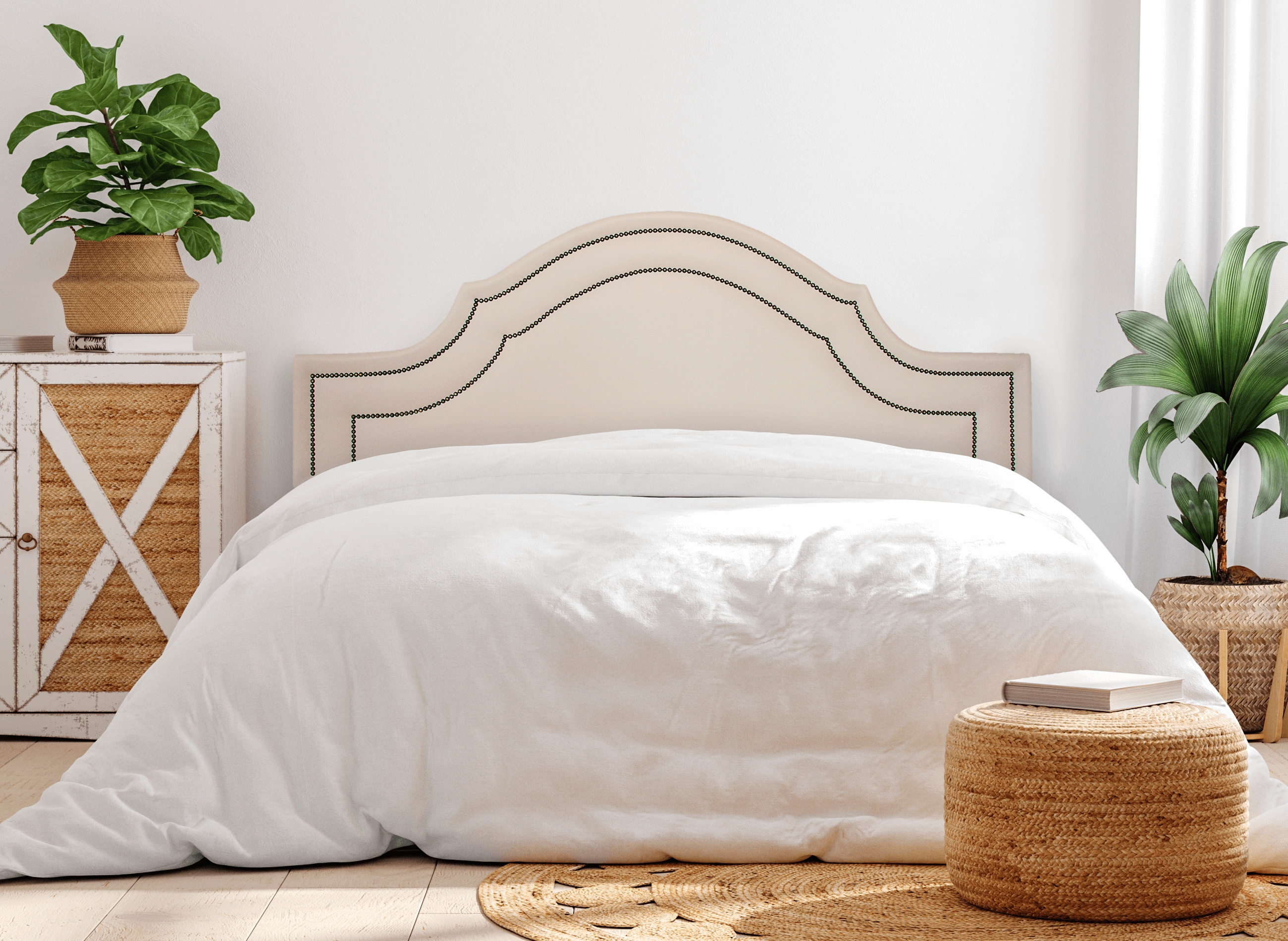 Cabeceira Casal Para Cama Box Provençal Dupla 140x60 Courino Off White - Tachas Fumê