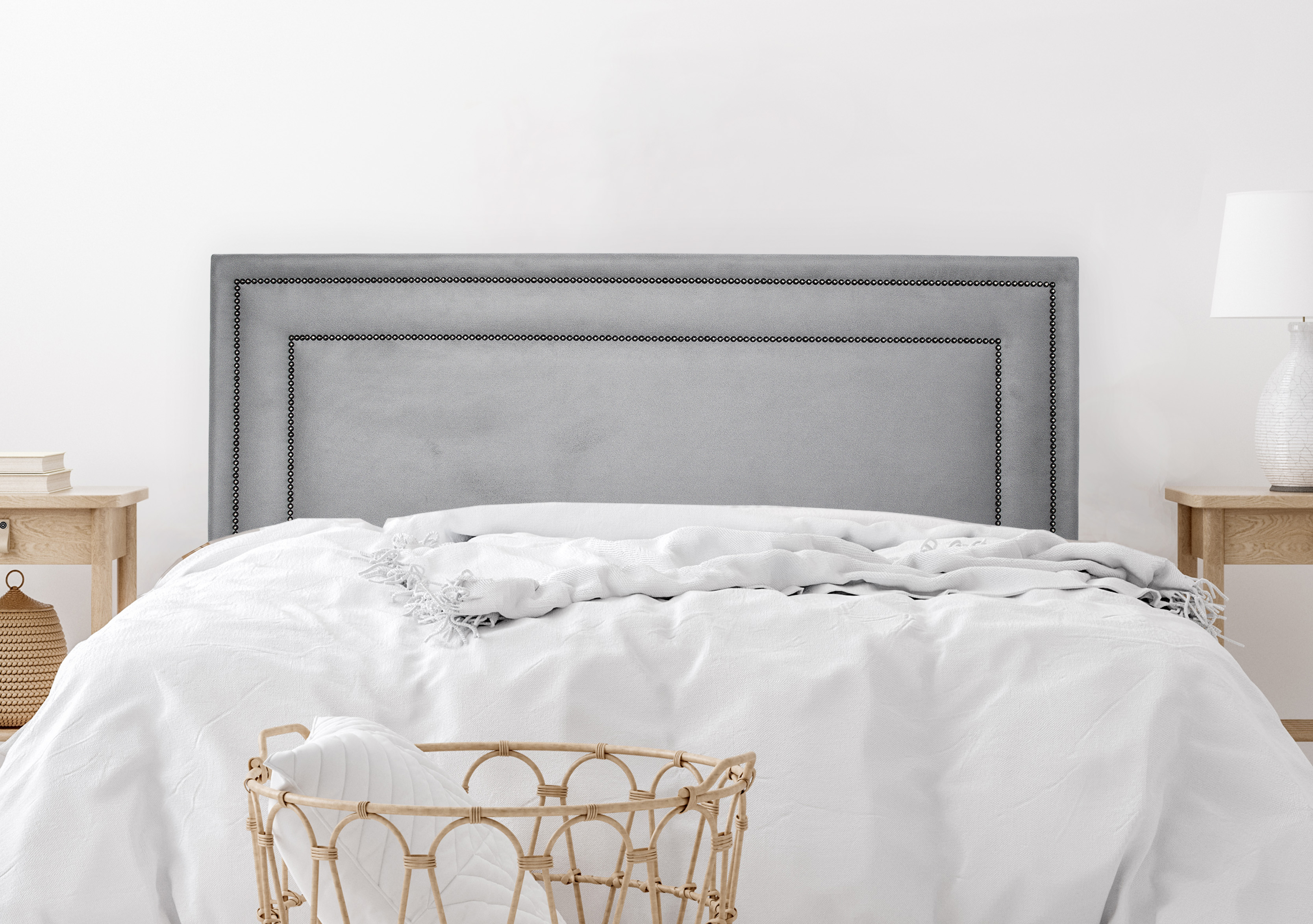 Cabeceira King Estofada Para Cama Box 193cm x 60cm Reta Luxo Dupla - Suede Cinza com Tachas Fumê
