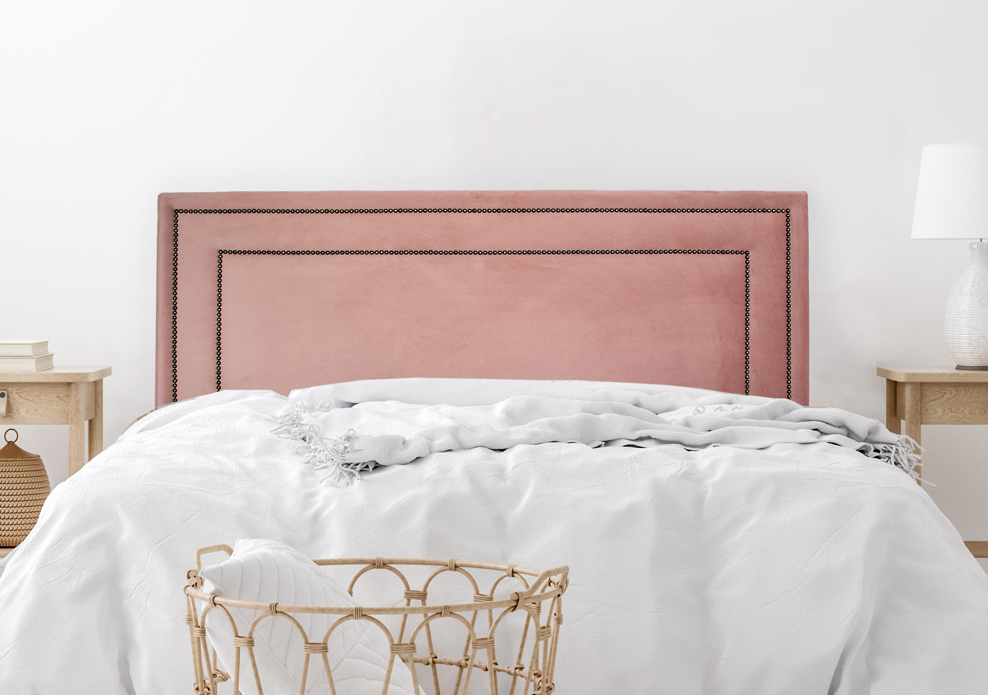 Cabeceira King Estofada Para Cama Box 193cm x 60cm Reta Luxo Dupla - Veludo Rosê com Tachas Fumê