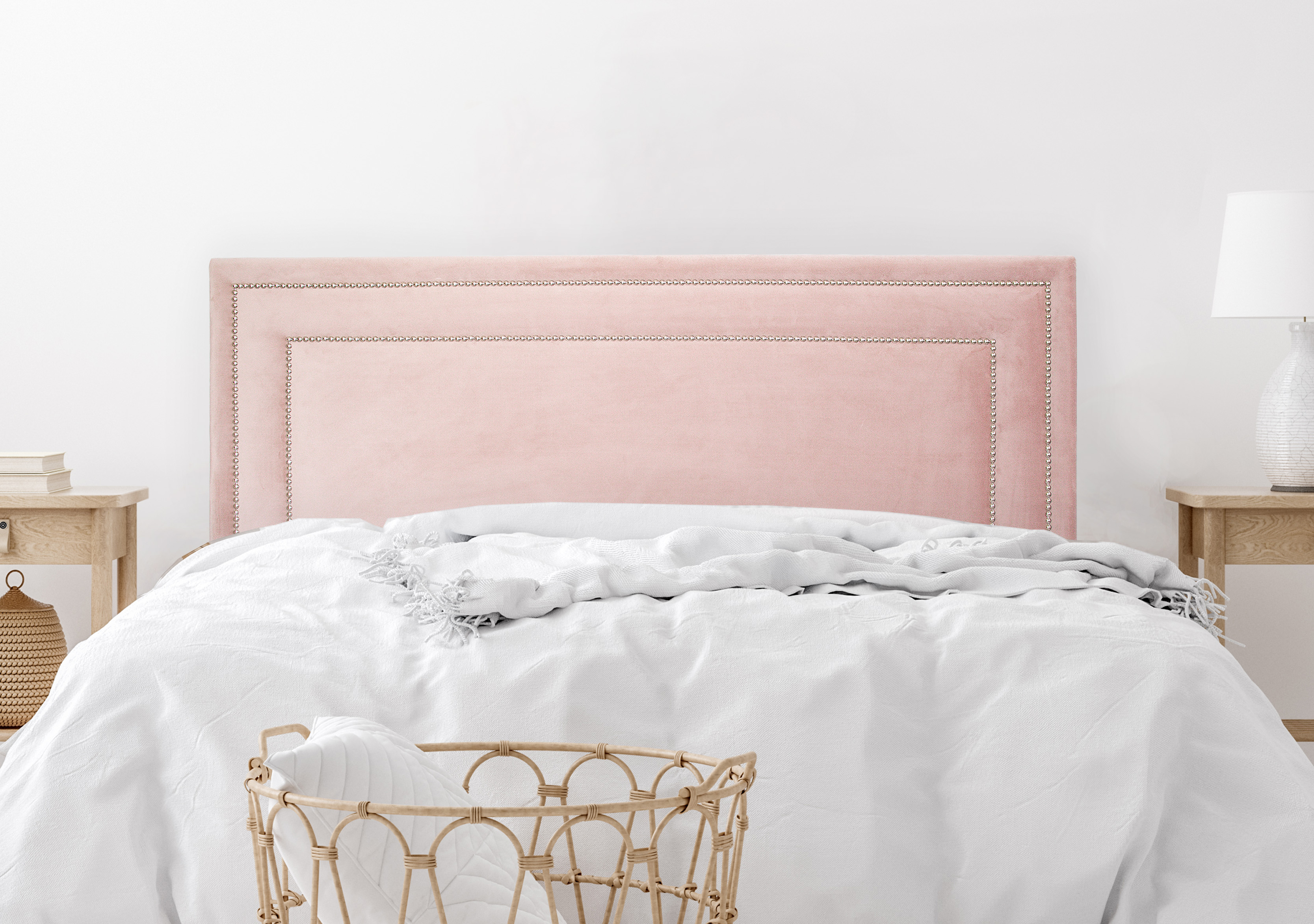 Cabeceira King Estofada Para Cama Box 193cm x 60cm Reta Luxo Dupla - Veludo Rosê com Tachas Prata