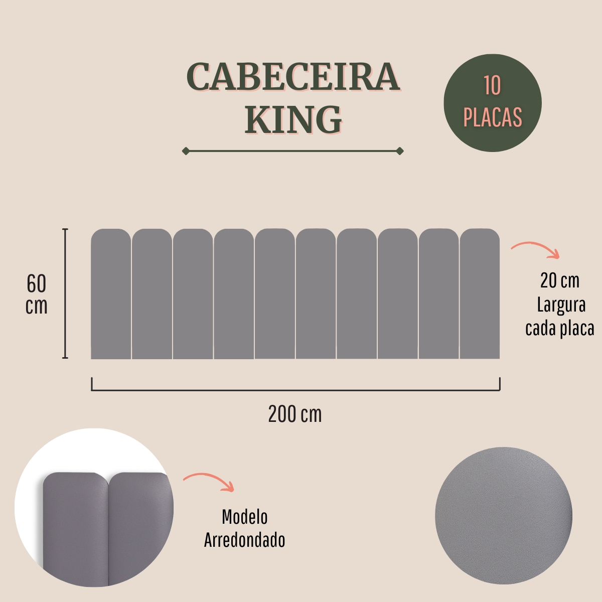 Cabeceira King Estofada Para Cama Box Kit 10 Placas Adesivas - Modelo Arredondada Courino Cinza
