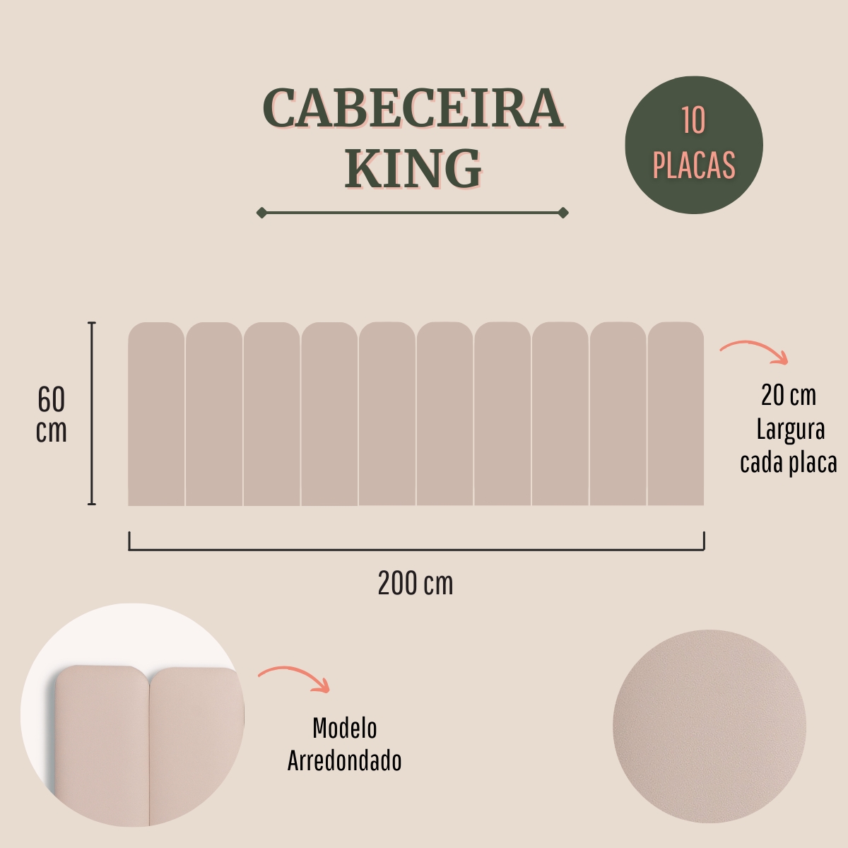 Cabeceira King Estofada Para Cama Box Kit 10 Placas Adesivas - Modelo Arredondada Courino Off White