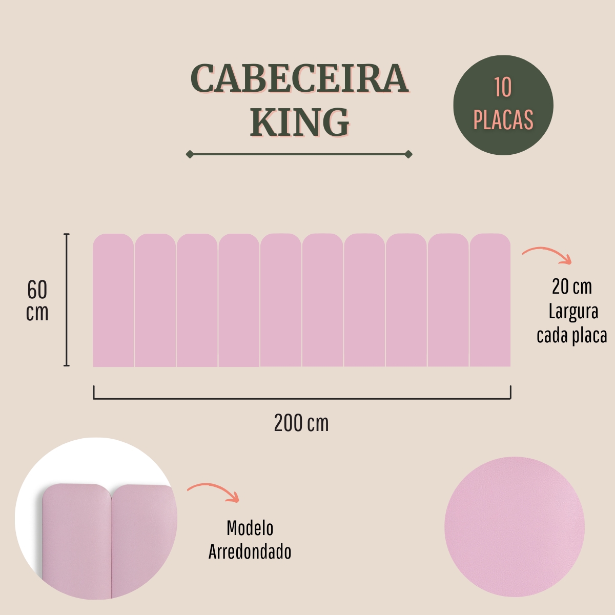 Cabeceira King Estofada Para Cama Box Kit 10 Placas Adesivas - Modelo Arredondada Courino Rosa