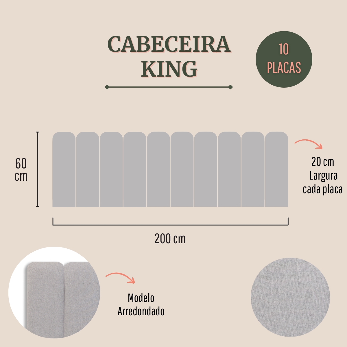 Cabeceira King Estofada Para Cama Box Kit 10 Placas Adesivas - Modelo Arredondada Linho Gelo