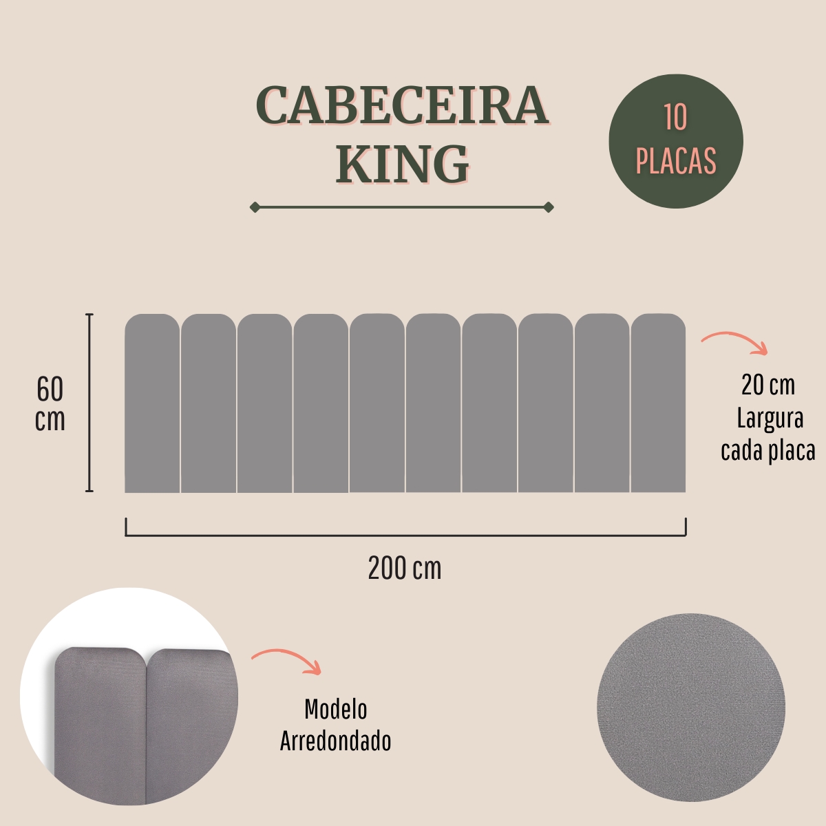 Cabeceira King Estofada Para Cama Box Kit 10 Placas Adesivas - Modelo Arredondada Suede Cinza
