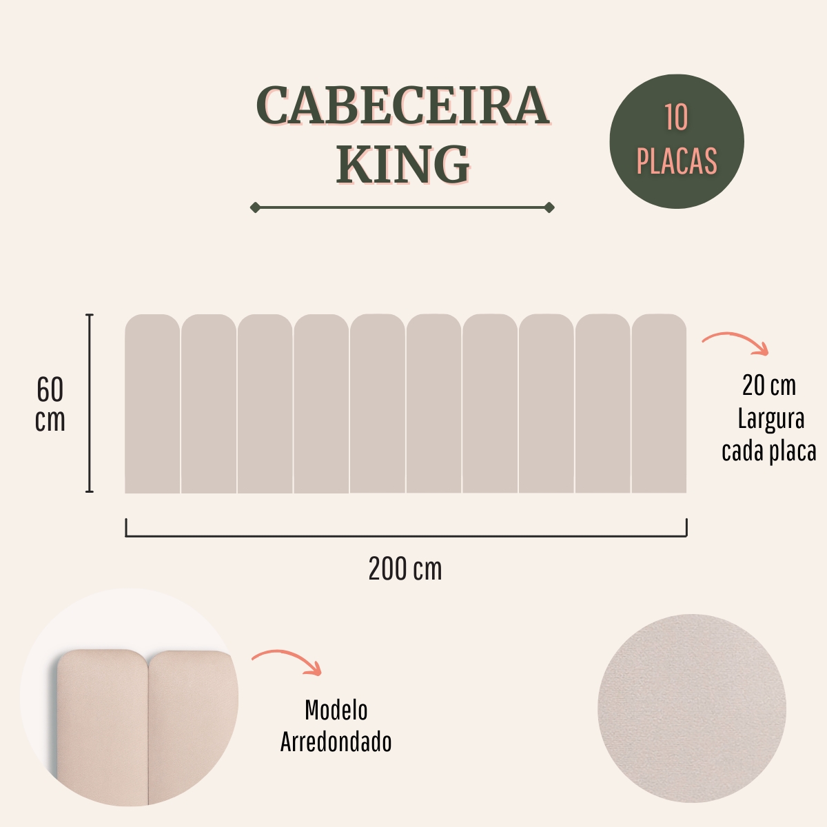 Cabeceira King Estofada Para Cama Box Kit 10 Placas Adesivas - Modelo Arredondada Suede Off White