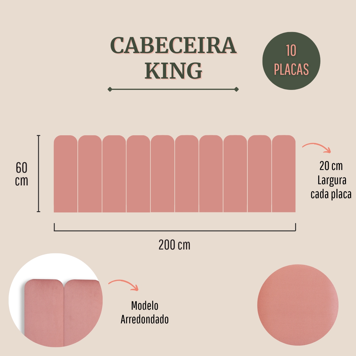 Cabeceira King Estofada Para Cama Box Kit 10 Placas Adesivas - Modelo Arredondada Veludo Rosê