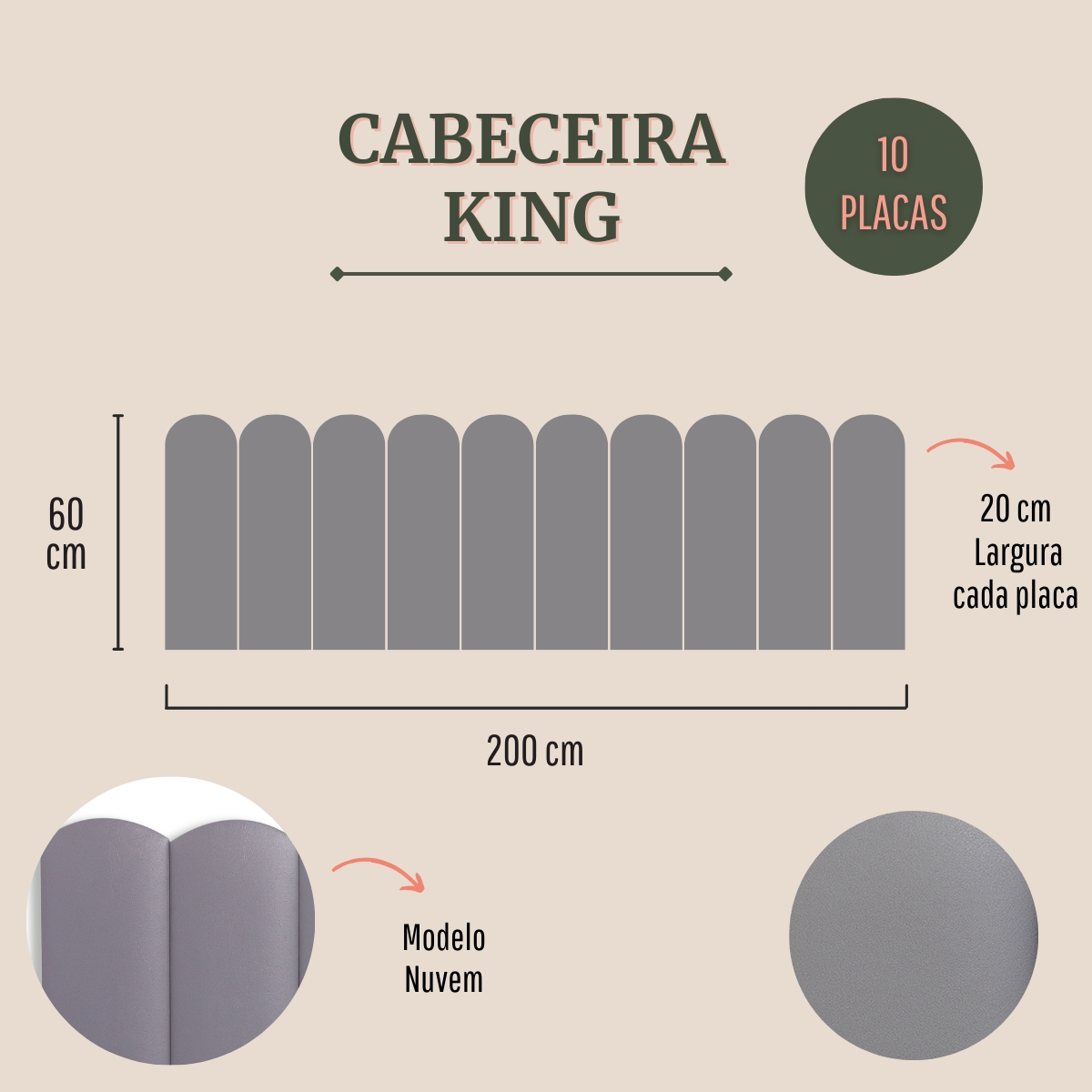 Cabeceira King Estofada Para Cama Box Kit 10 Placas Adesivas - Modelo Nuvem Courino Cinza