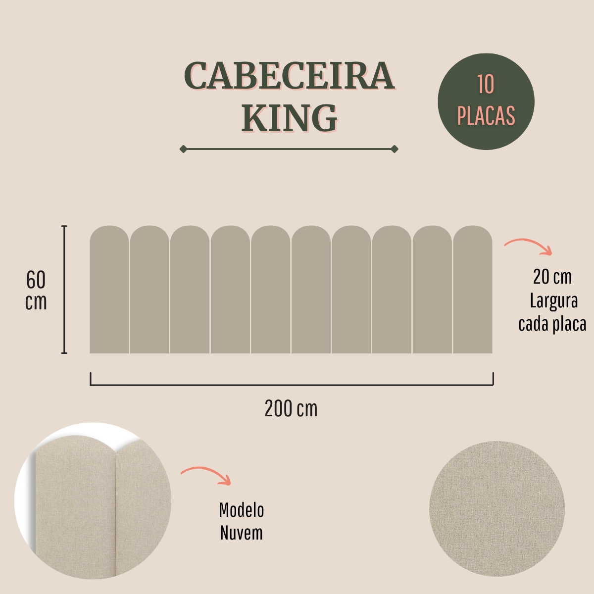 Cabeceira King Estofada Para Cama Box Kit 10 Placas Adesivas - Modelo Nuvem Linho Cru
