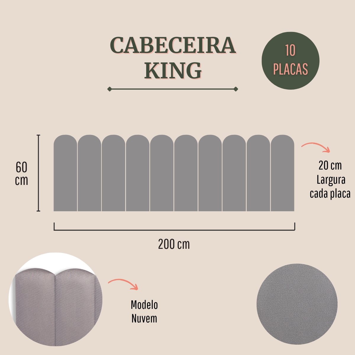 Cabeceira King Estofada Para Cama Box Kit 10 Placas Adesivas - Modelo Nuvem Suede Cinza