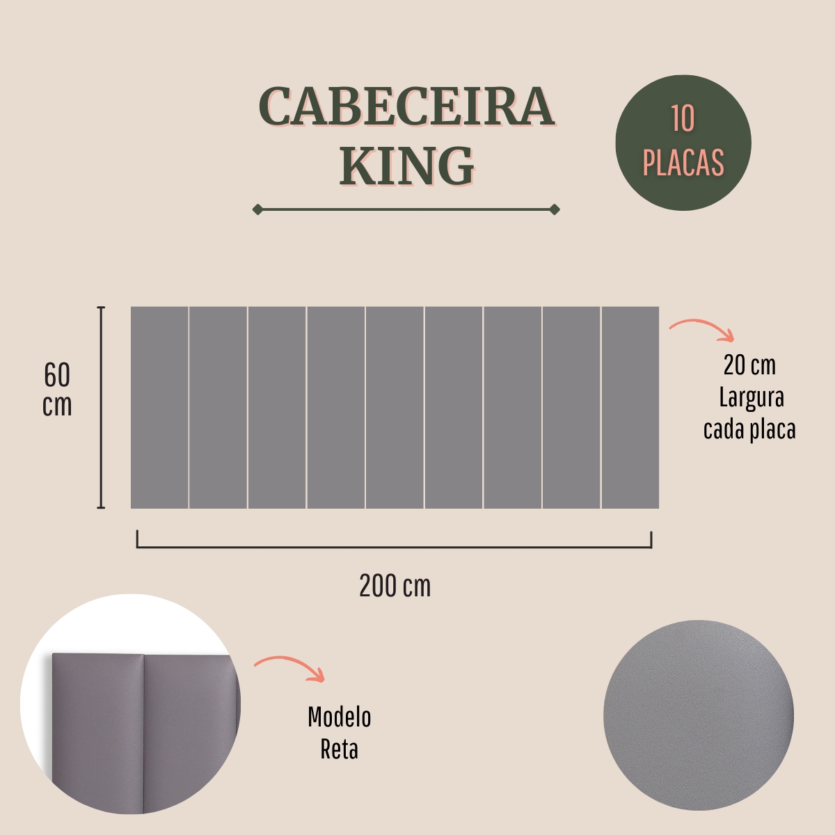 Cabeceira King Estofada Para Cama Box Kit 10 Placas Adesivas - Modelo Reta Courino Cinza