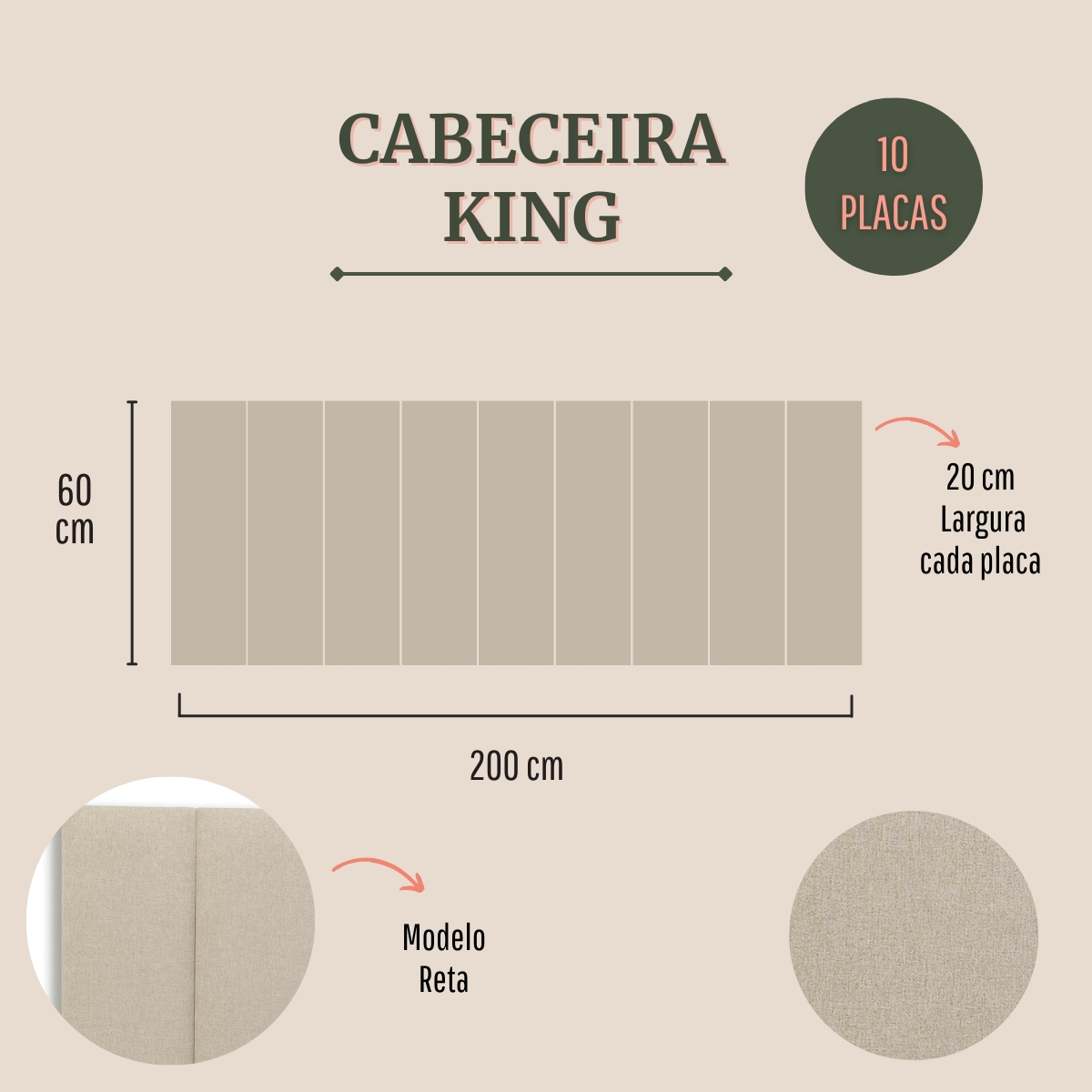 Cabeceira King Estofada Para Cama Box Kit 10 Placas Adesivas - Modelo Reta Linho Cru