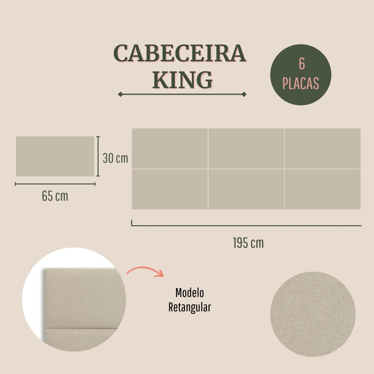 Cabeceira King Estofada Para Cama Box Kit 6 Placas Adesivas - Modelo Retangular  Linho Cru