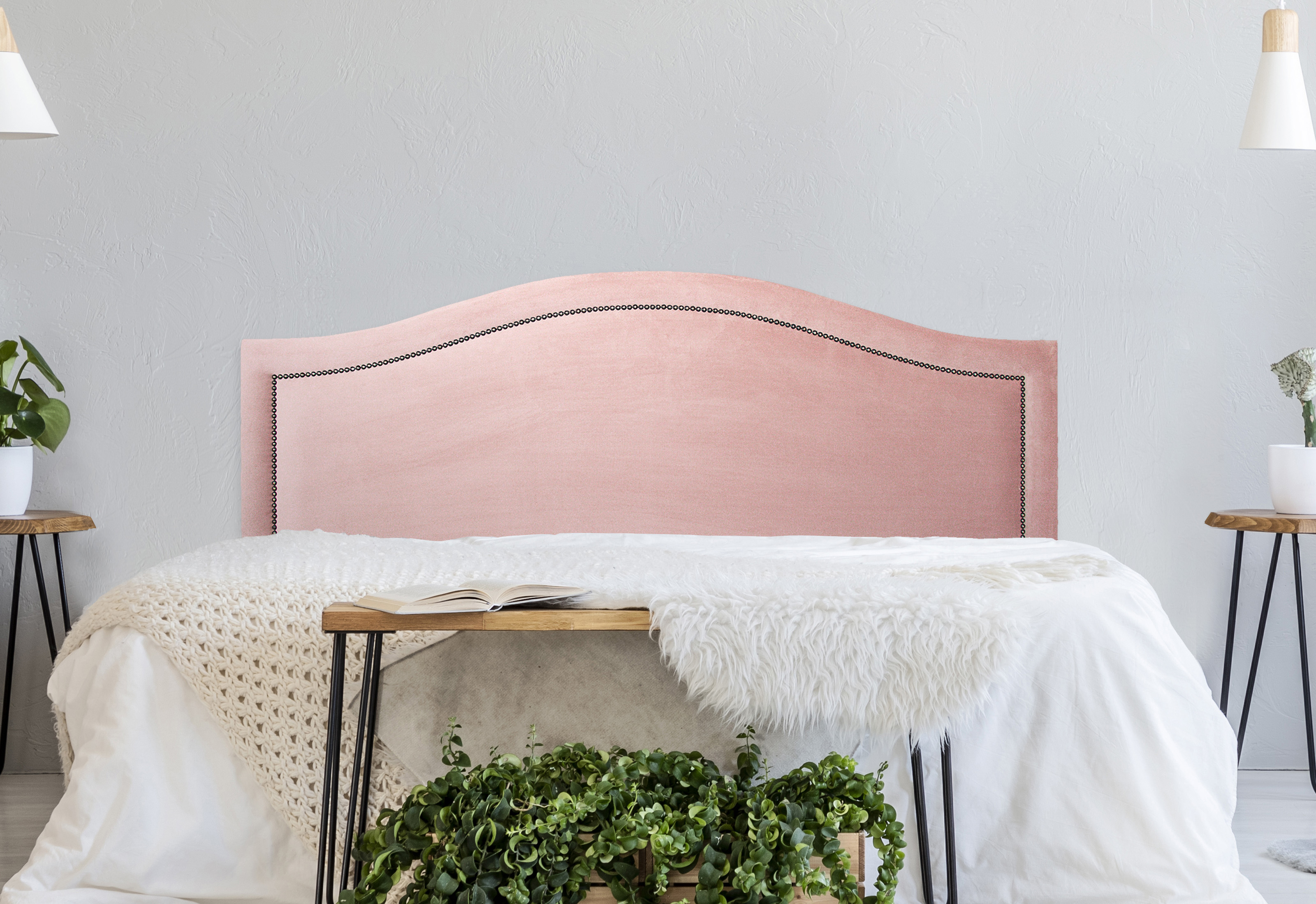 Cabeceira King Para Cama Box Curva 193x60 Veludo Rosê - Tachas Fumê