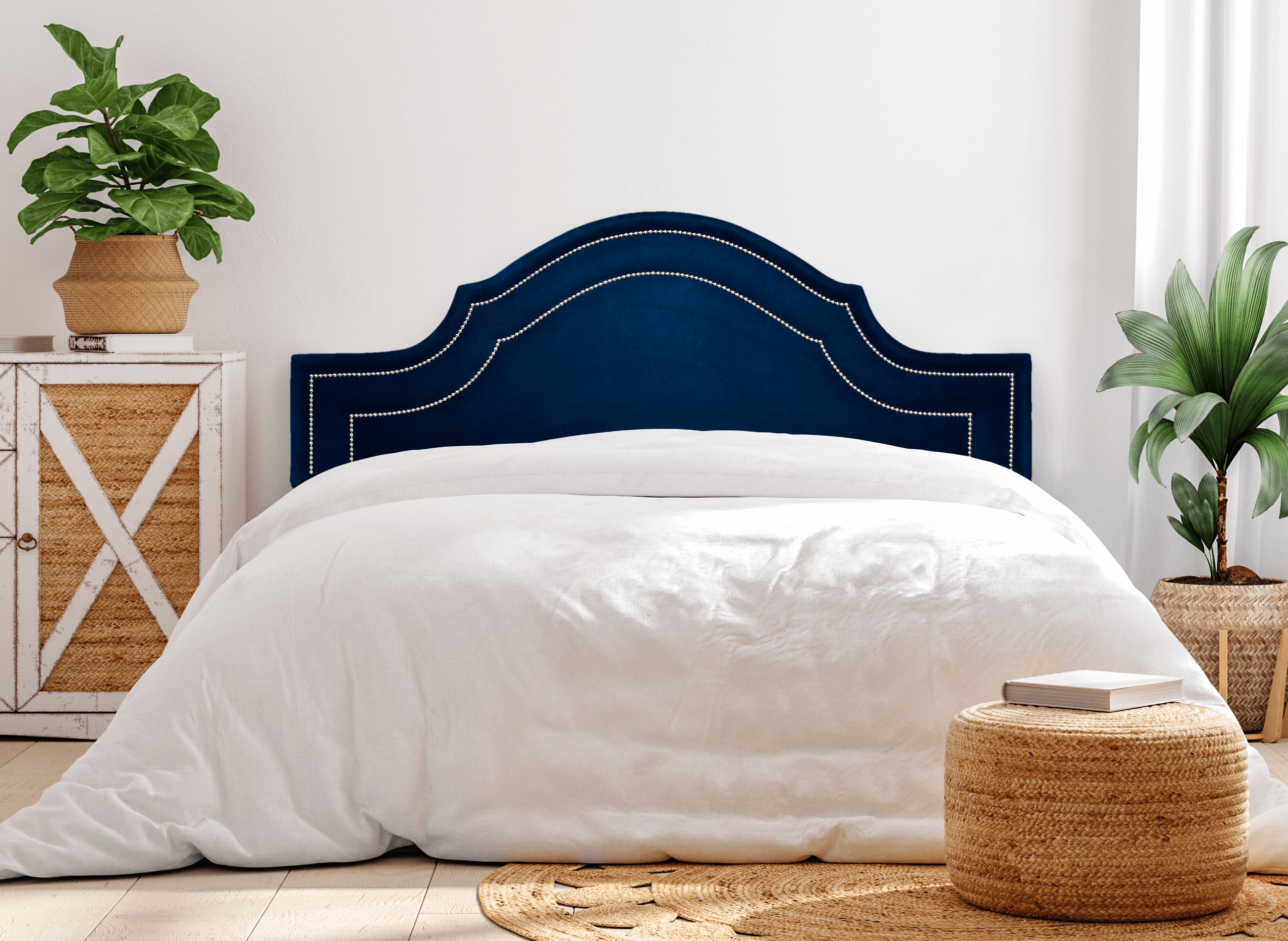 Cabeceira King Para Cama Box Provençal Dupla 193x60 Veludo Azul - Tachas Prata
