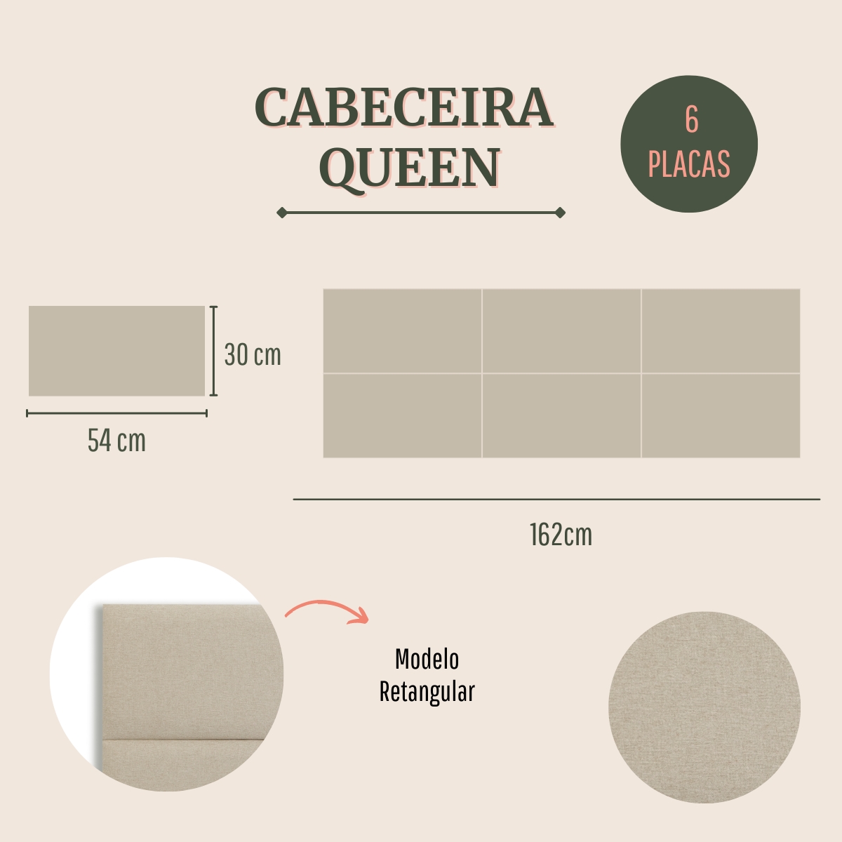 Cabeceira Queen Estofada Para Cama Box Kit 6 Placas Adesivas - Modelo Retangular  Linho Cru