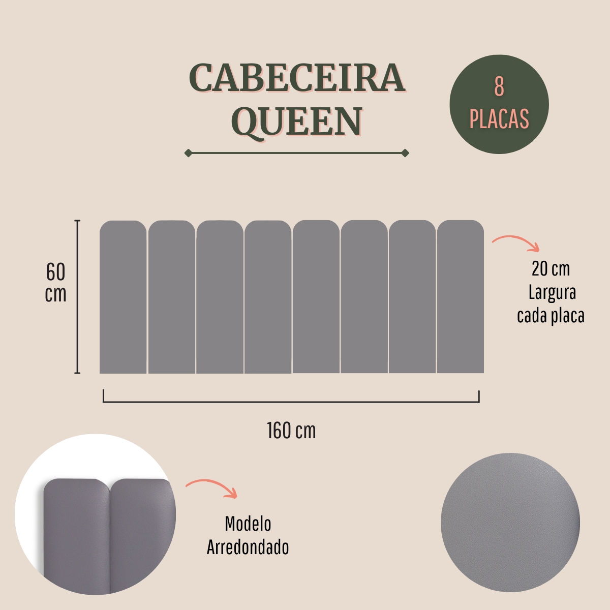 Cabeceira Queen Estofada Para Cama Box Kit 8 Placas Adesivas - Modelo Arredondada Courino Cinza
