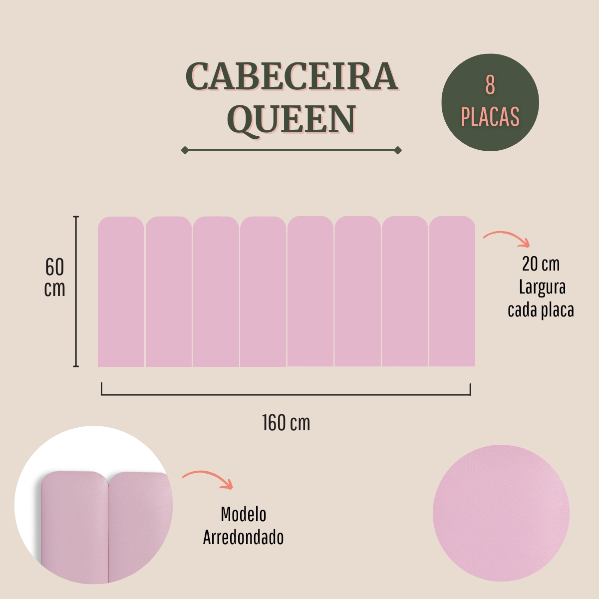 Cabeceira Queen Estofada Para Cama Box Kit 8 Placas Adesivas - Modelo Arredondada Courino Rosa