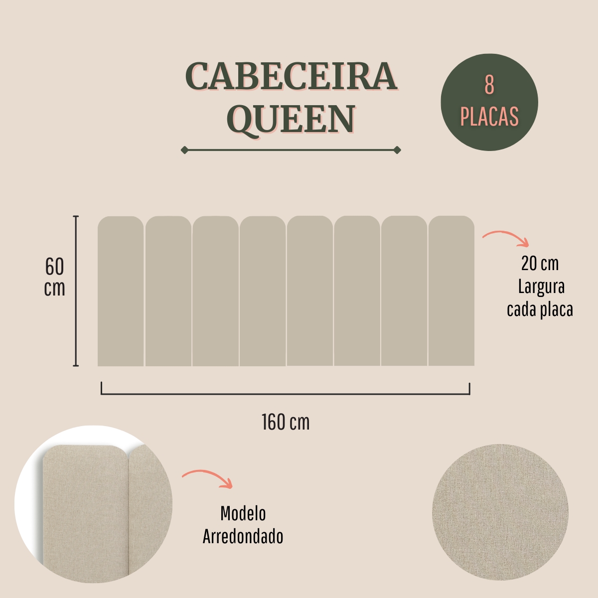 Cabeceira Queen Estofada Para Cama Box Kit 8 Placas Adesivas - Modelo Arredondada Linho Cru