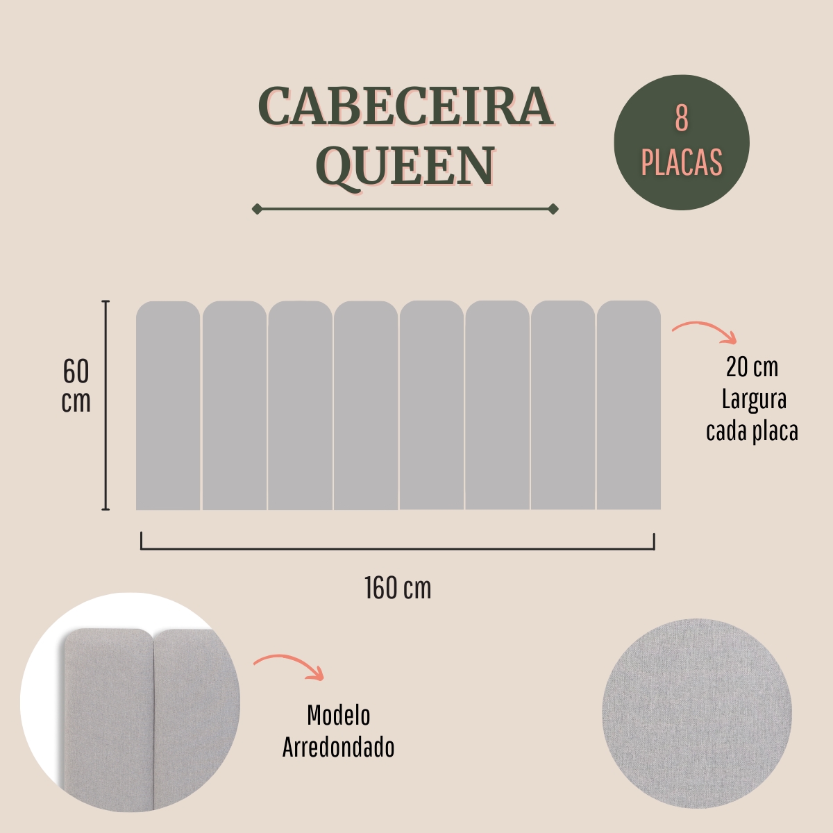Cabeceira Queen Estofada Para Cama Box Kit 8 Placas Adesivas - Modelo Arredondada Linho Gelo