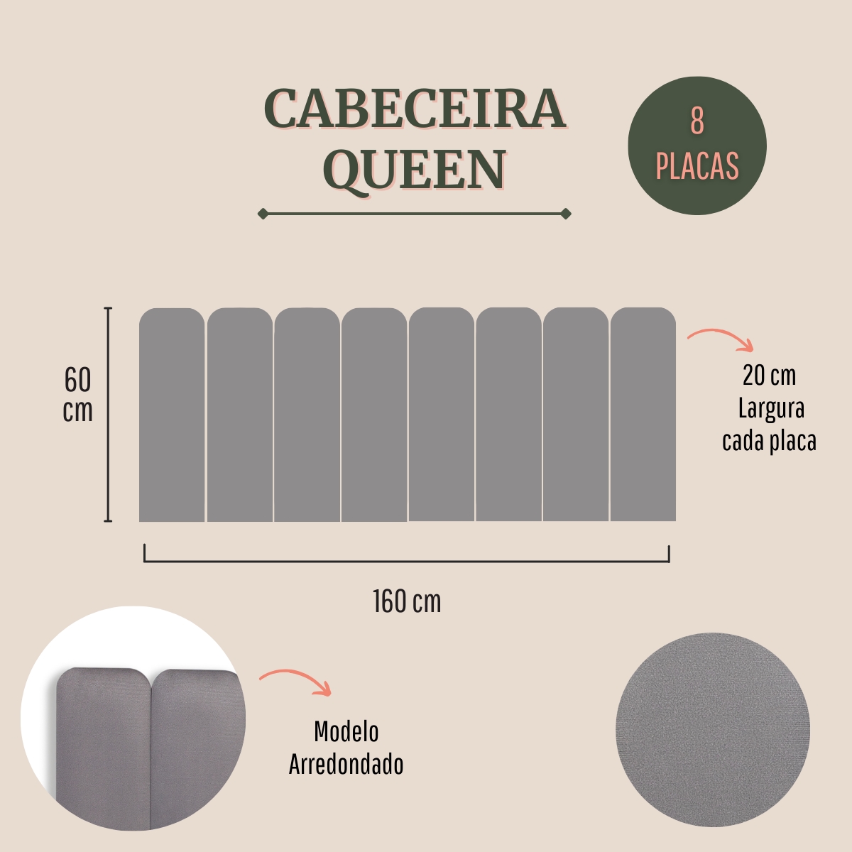 Cabeceira Queen Estofada Para Cama Box Kit 8 Placas Adesivas - Modelo Arredondada Suede Cinza