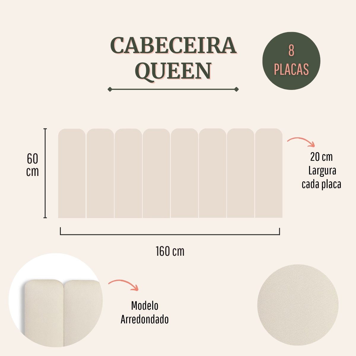 Cabeceira Queen Estofada Para Cama Box Kit 8 Placas Adesivas - Modelo Arredondada Suede Off White