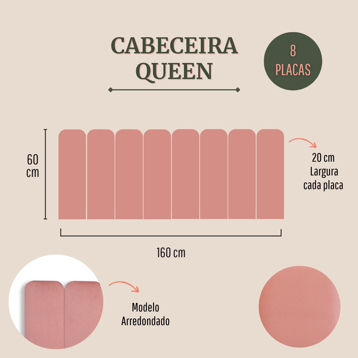 Cabeceira Queen Estofada Para Cama Box Kit 8 Placas Adesivas - Modelo Arredondada Veludo Rosê