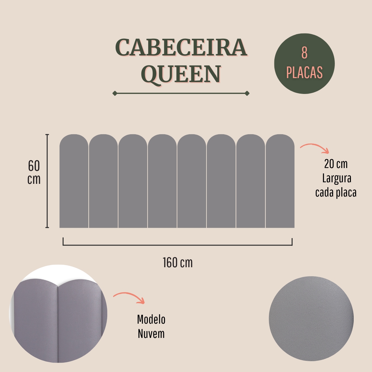 Cabeceira Queen Estofada Para Cama Box Kit 8 Placas Adesivas - Modelo Nuvem Courino Cinza