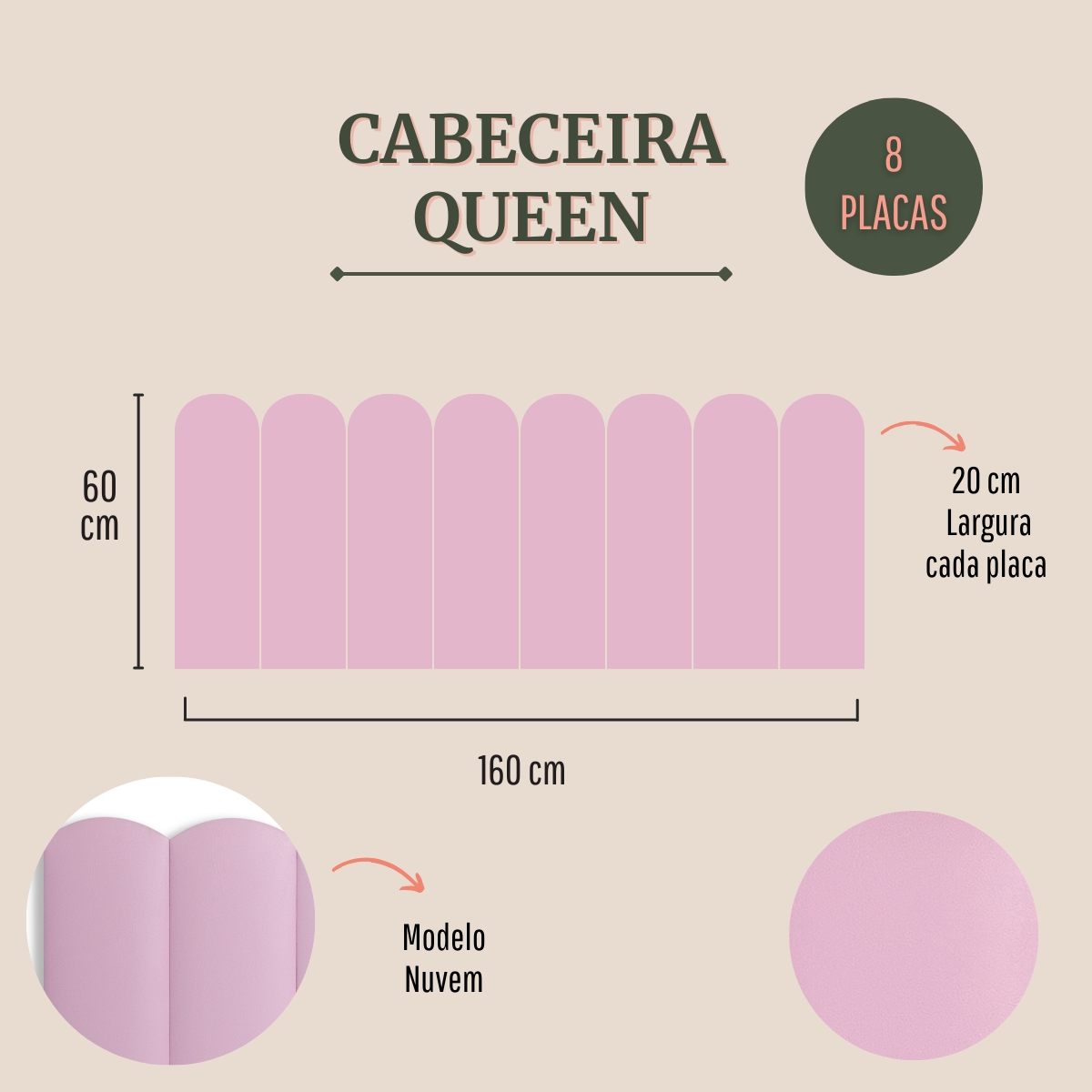 Cabeceira Queen Estofada Para Cama Box Kit 8 Placas Adesivas - Modelo Nuvem Courino Rosa