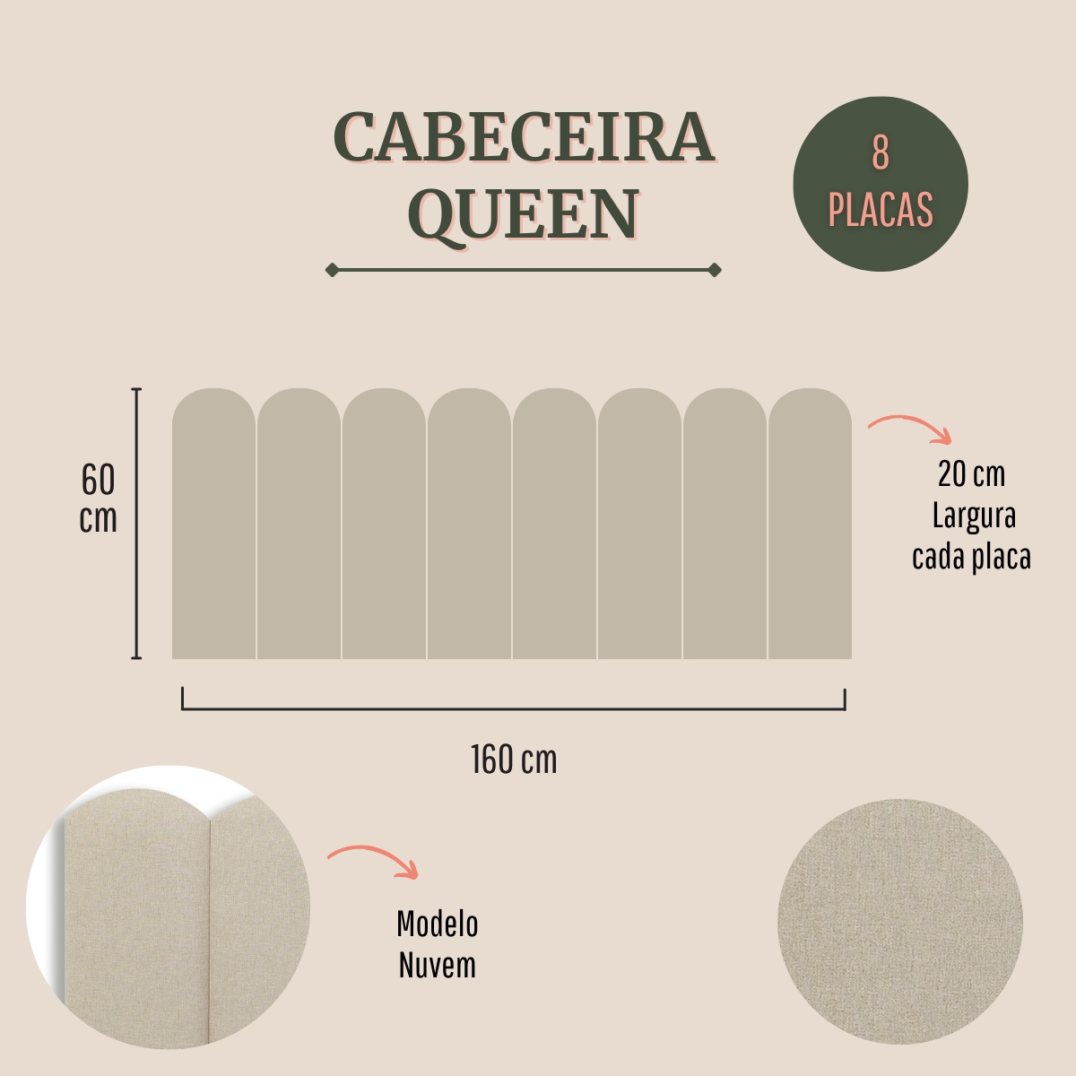 Cabeceira Queen Estofada Para Cama Box Kit 8 Placas Adesivas - Modelo Nuvem Linho Cru