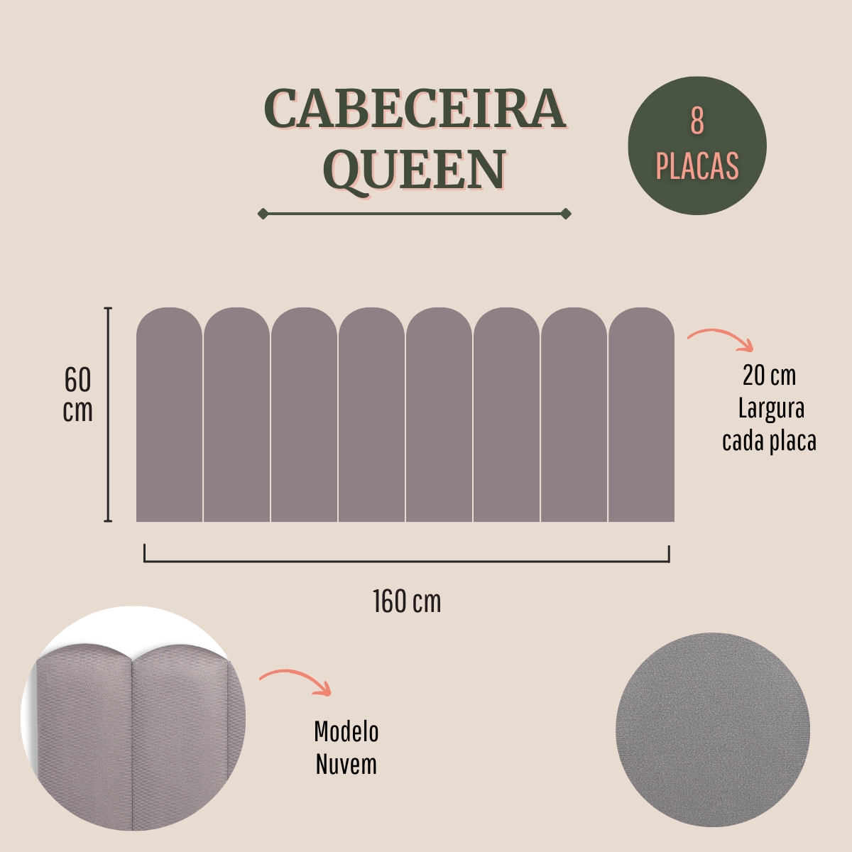 Cabeceira Queen Estofada Para Cama Box Kit 8 Placas Adesivas - Modelo Nuvem Suede Cinza