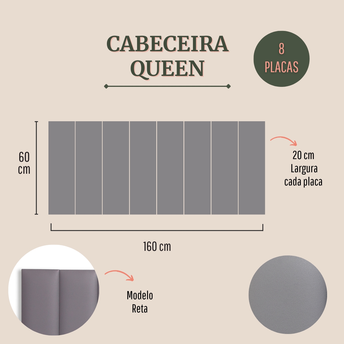 Cabeceira Queen Estofada Para Cama Box Kit 8 Placas Adesivas - Modelo Reta Courino Cinza
